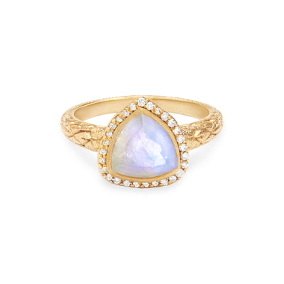 14 Karat Yellow Gold Ring with Triangle Shaped Moonstone with Halo of White Diamonds Against White Background