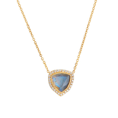 14 Karat Yellow Gold Necklace with Triangle Shaped Labradorite with Halo of White Diamonds Against White Background