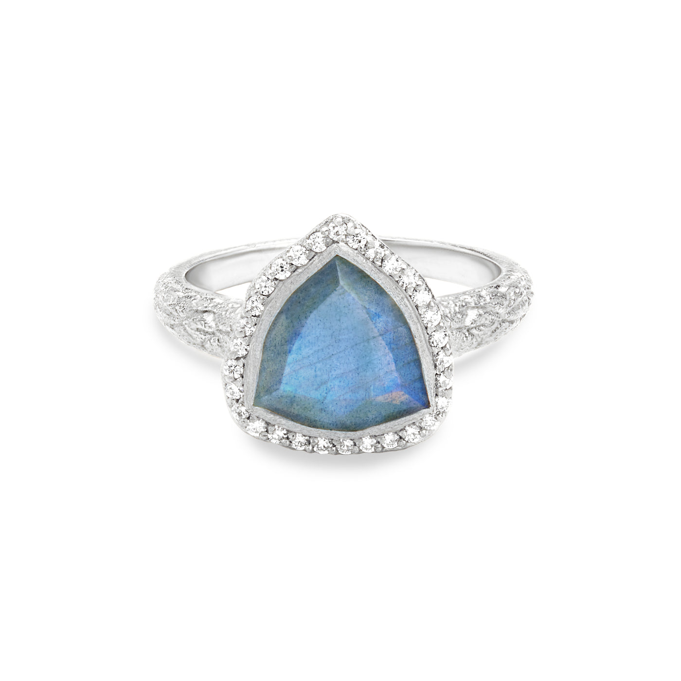 14 Karat White Gold Ring with Triangle Shaped Labradorite with Halo of White Diamonds Against White Background