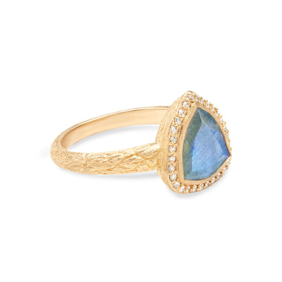 14 Karat Yellow Gold Ring with Triangle Shaped Labradorite with Halo of White Diamonds Against White Background turns for side view