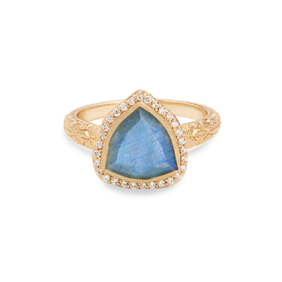 14 Karat Yellow Gold Ring with Triangle Shaped Labradorite with Halo of White Diamonds Against White Background