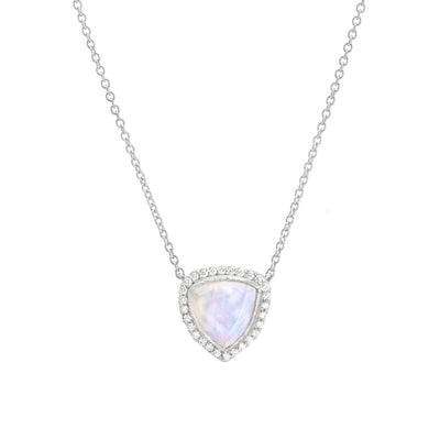 14 Karat White Gold Necklace with Triangle Shaped Moonstone with Halo of White Diamonds Against White Background