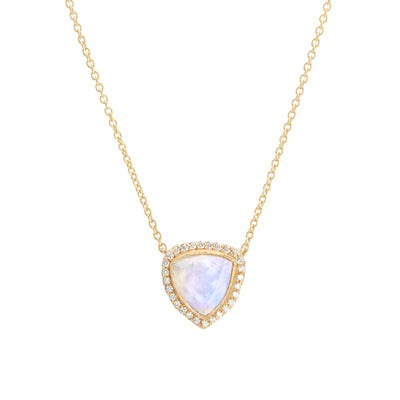 14 Karat Yellow Gold Necklace with Triangle Shaped Moonstone with Halo of White Diamonds Against White Background