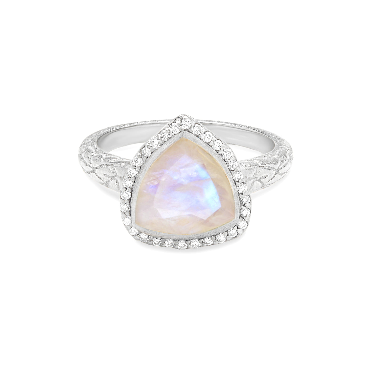 14 Karat White Gold Ring with Triangle Shaped Moonstone with Halo of White Diamonds Against White Background