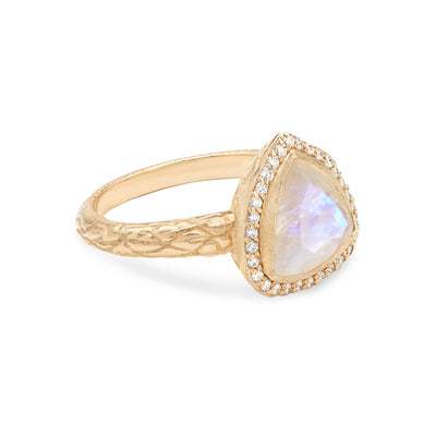 14 Karat Yellow Gold Ring with Triangle Shaped Moonstone with Halo of White Diamonds Against White Background Turned for detail