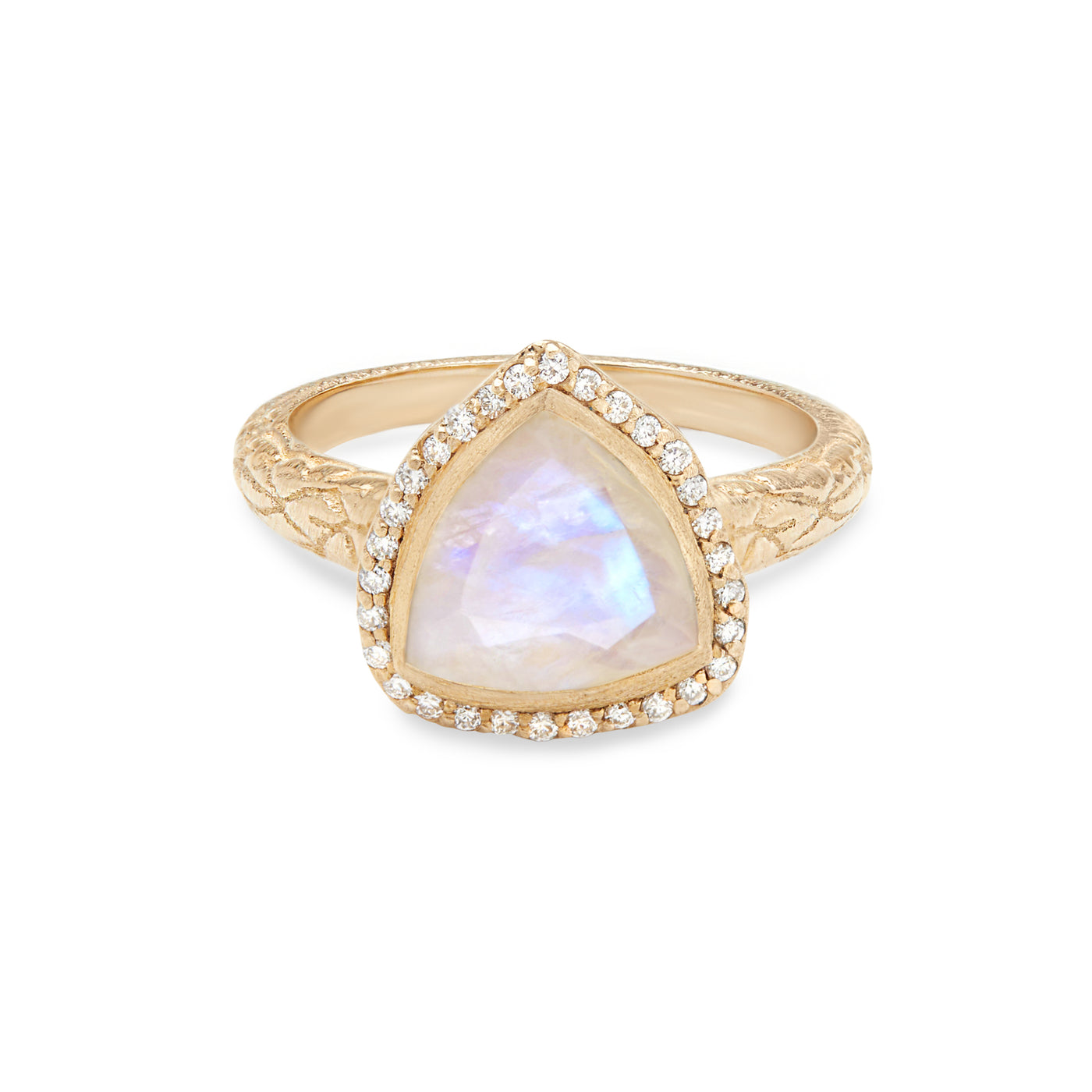 14 Karat Yellow Gold Ring with Triangle Shaped Moonstone with Halo of White Diamonds Against White Background