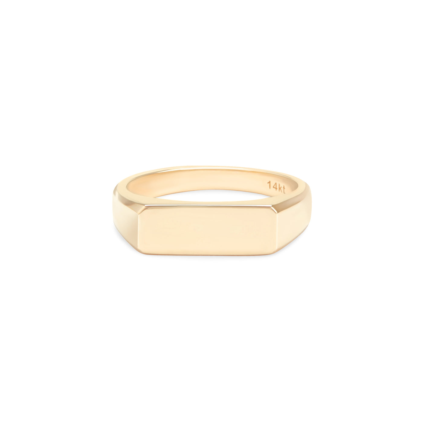 yellow gold ring with flat bar shaped top that can be engraved