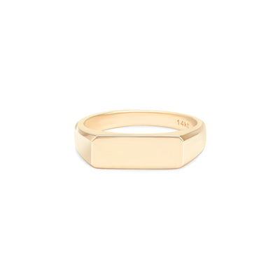 yellow gold ring with flat bar shaped top that can be engraved