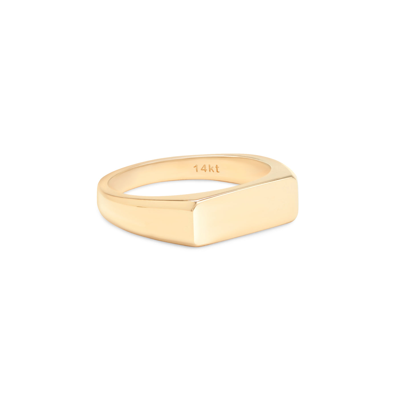 yellow gold ring with flat bar shaped top that can be engraved