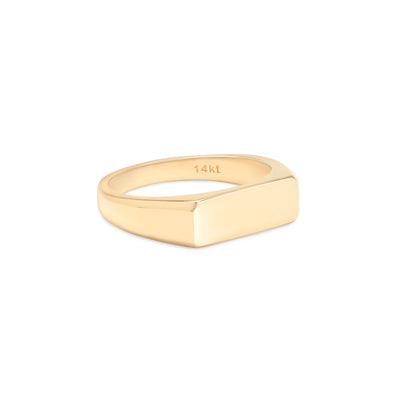 yellow gold ring with flat bar shaped top that can be engraved