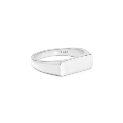 White gold ring with flat bar shaped top that can be engraved