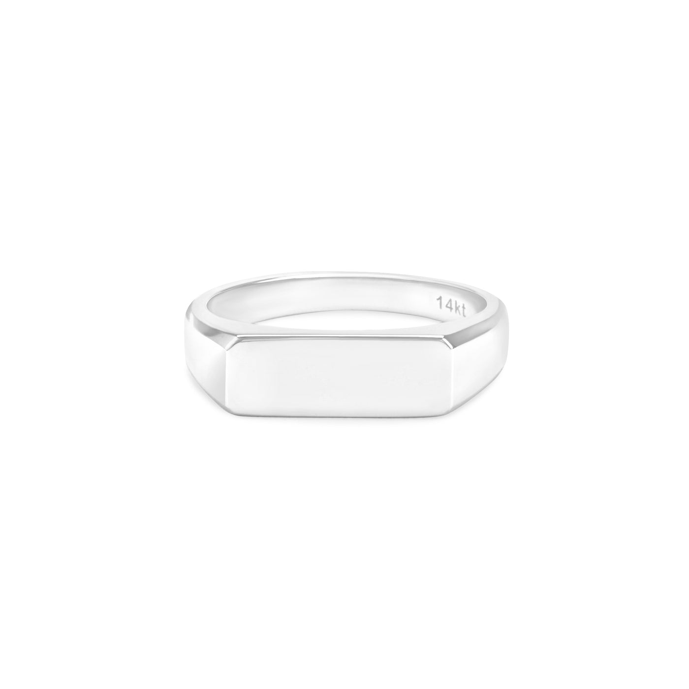 White gold ring with flat bar shaped top that can be engraved