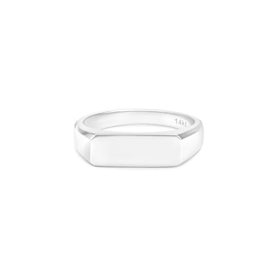 White gold ring with flat bar shaped top that can be engraved