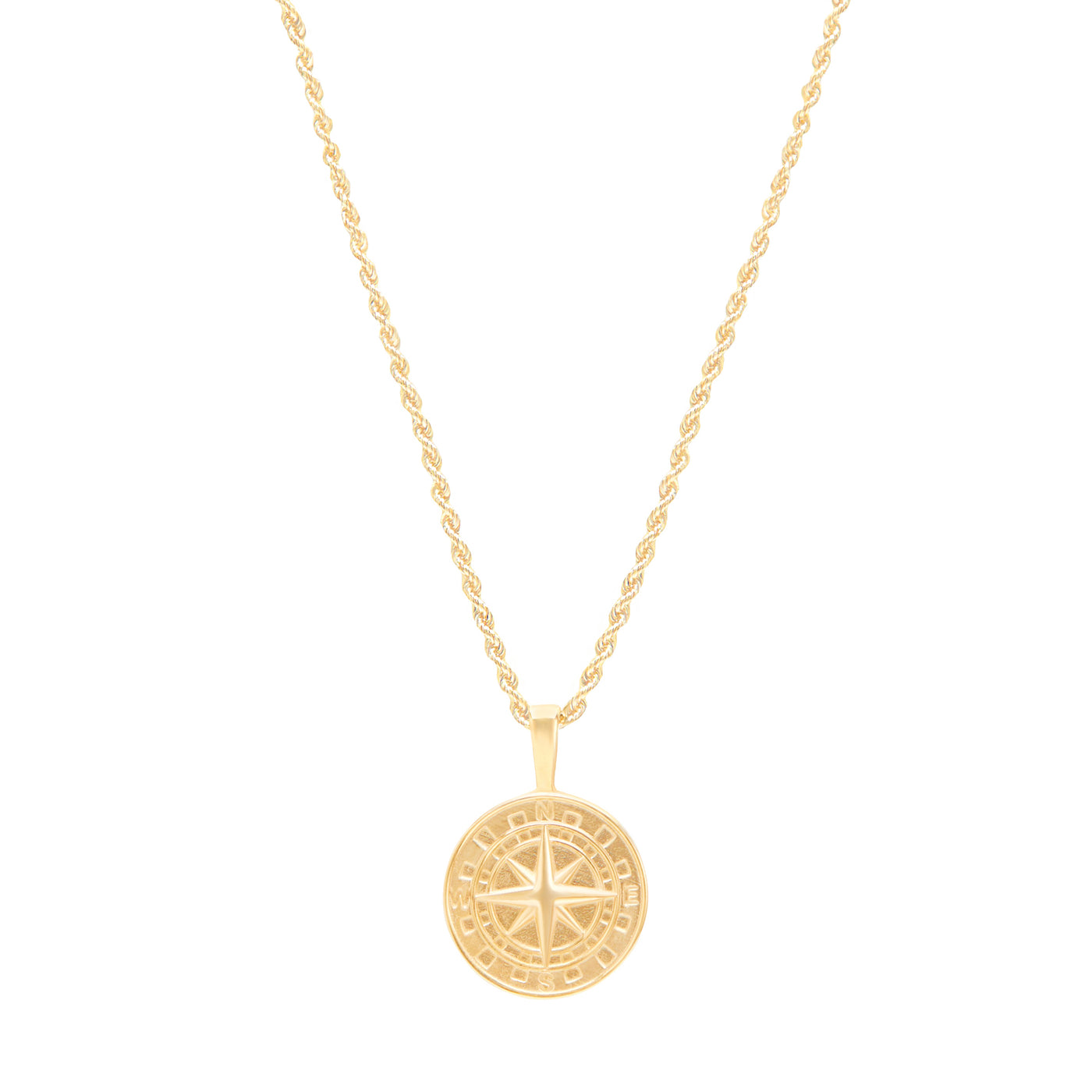 Compass pendant yellow gold on rope chain on white background