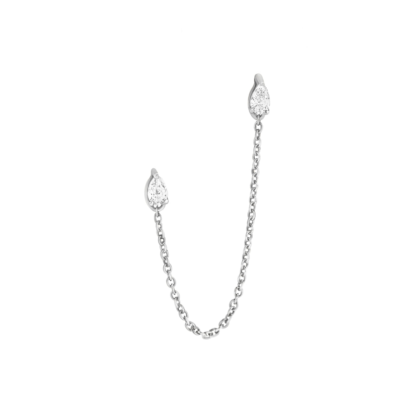14k Karat white gold earrings with chain and pear shape diamonds on white background