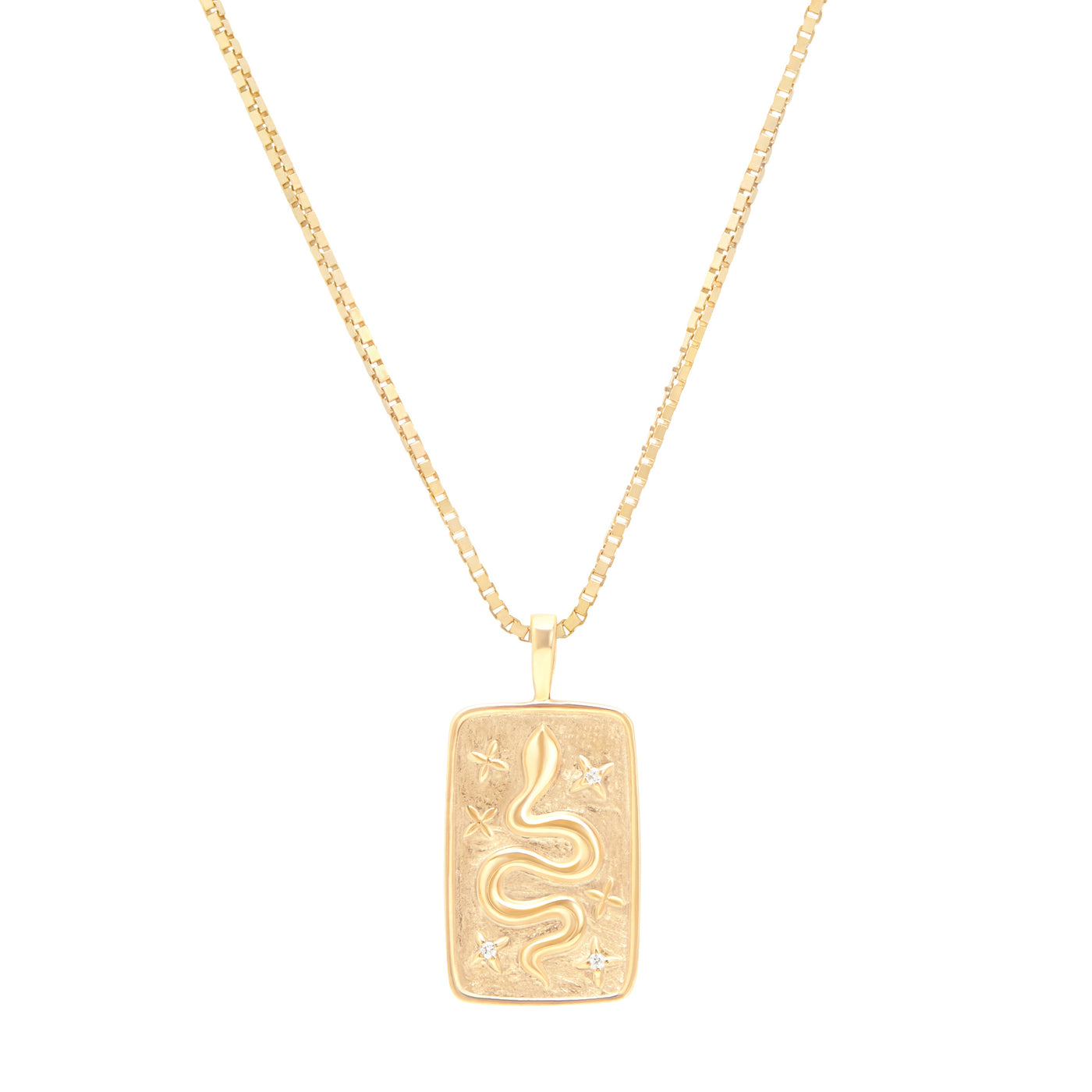 Snake pendant yellow gold on box chain on white background