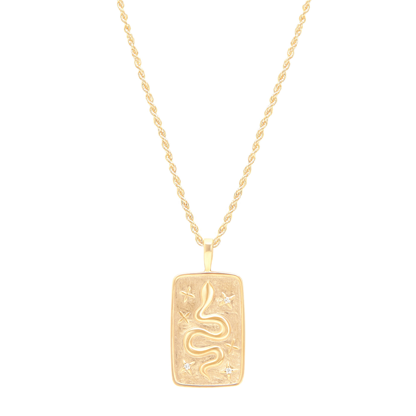 Snake pendant yellow gold on rope chain on white background