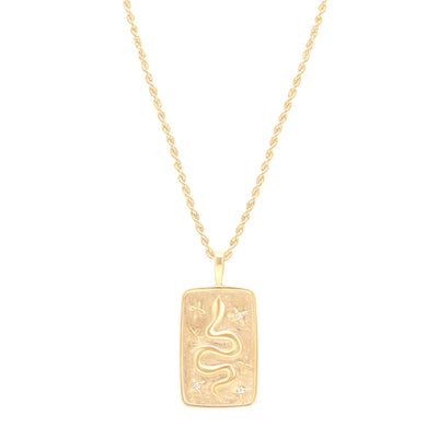 Snake pendant yellow gold on rope chain on white background
